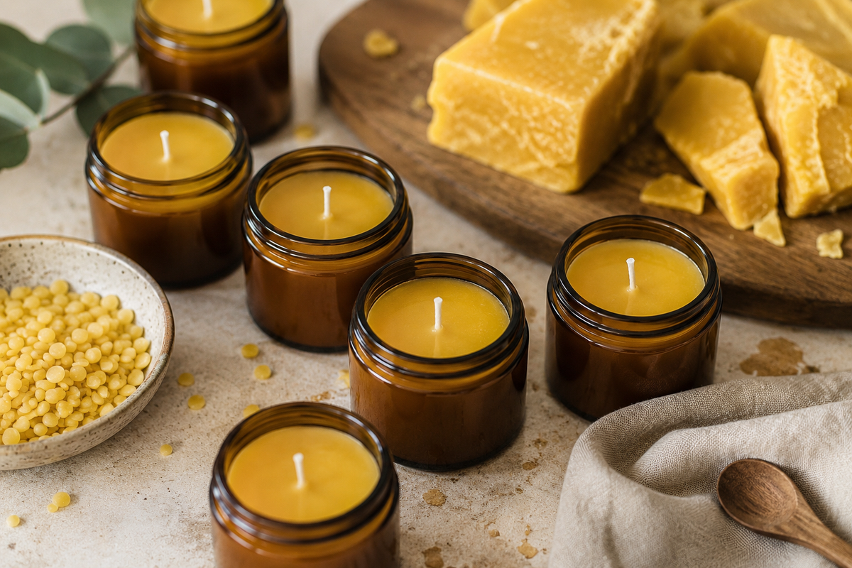Raw beeswax and amber candle jars in a warm natural setting