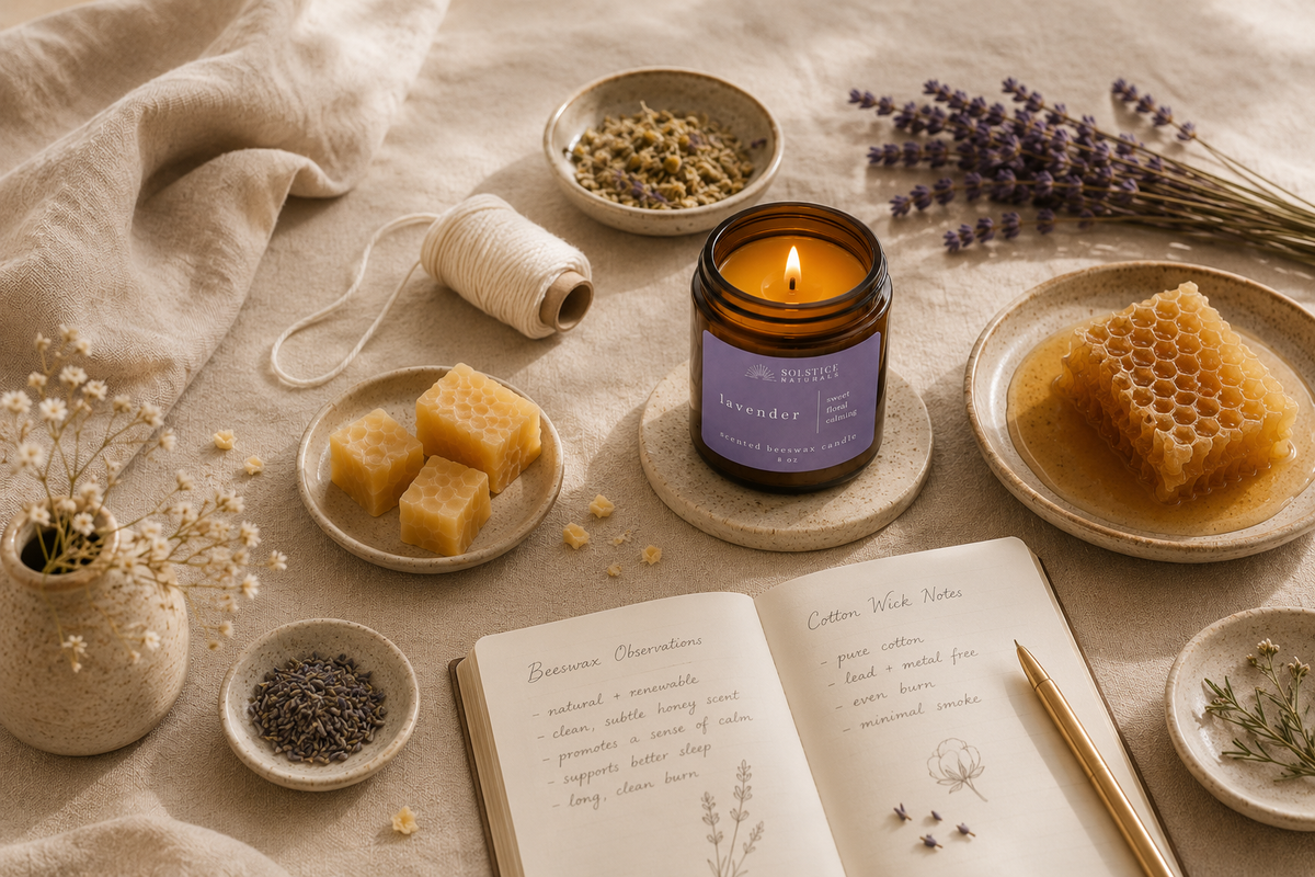 Solstice Naturals Lavender beeswax candle in a warm botanical setting