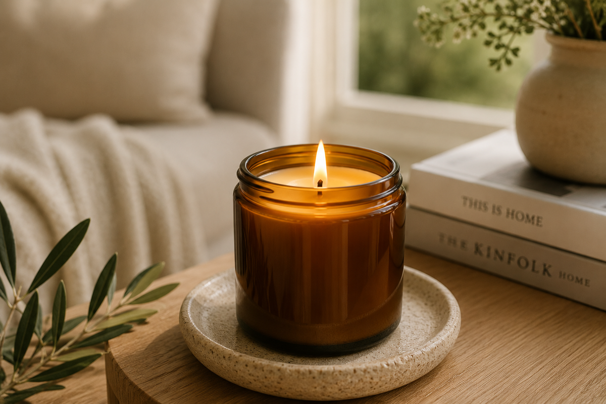 A lit beeswax candle burning cleanly with a steady flame — no soot