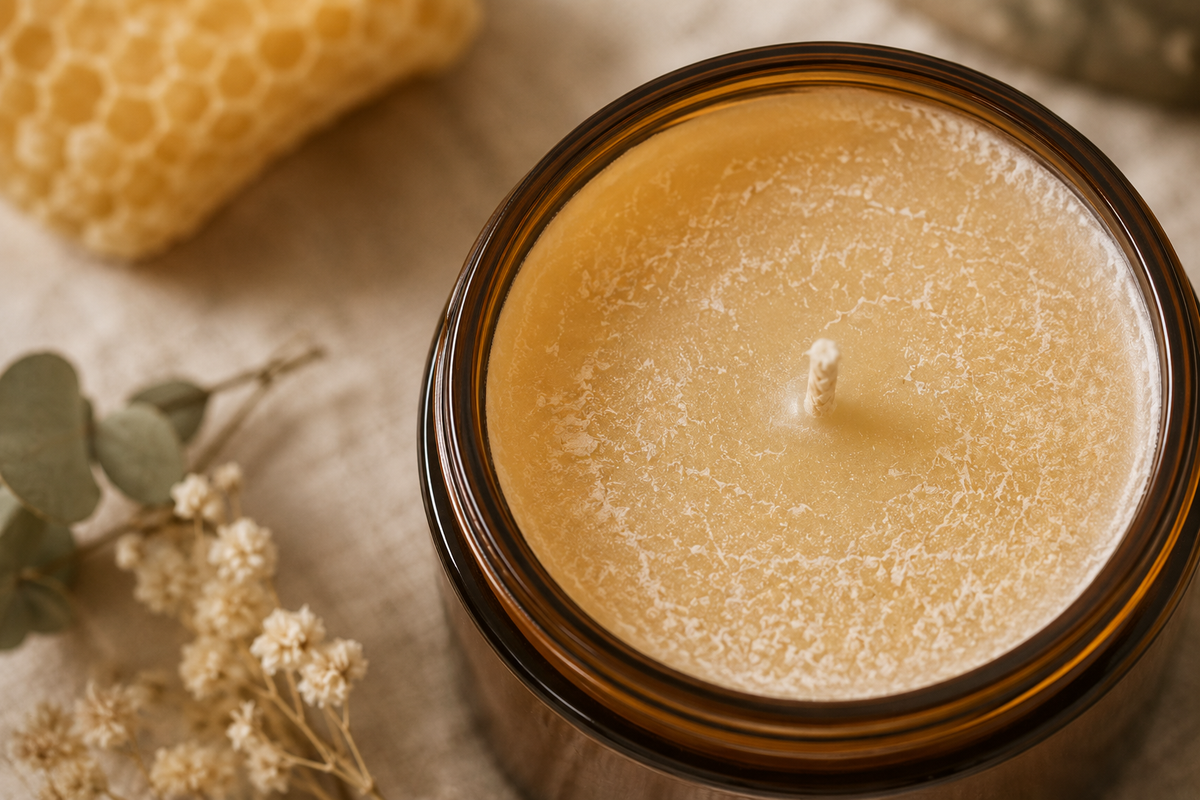 Close-up of beeswax candle surface showing natural bloom — the white coating characteristic of authentic raw beeswax