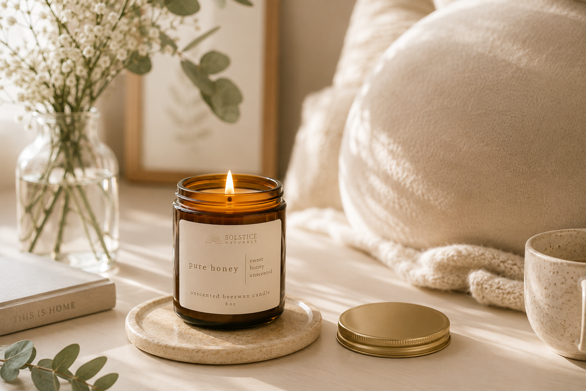 Solstice Naturals Pure Honey unscented beeswax candle in a calm warm home setting
