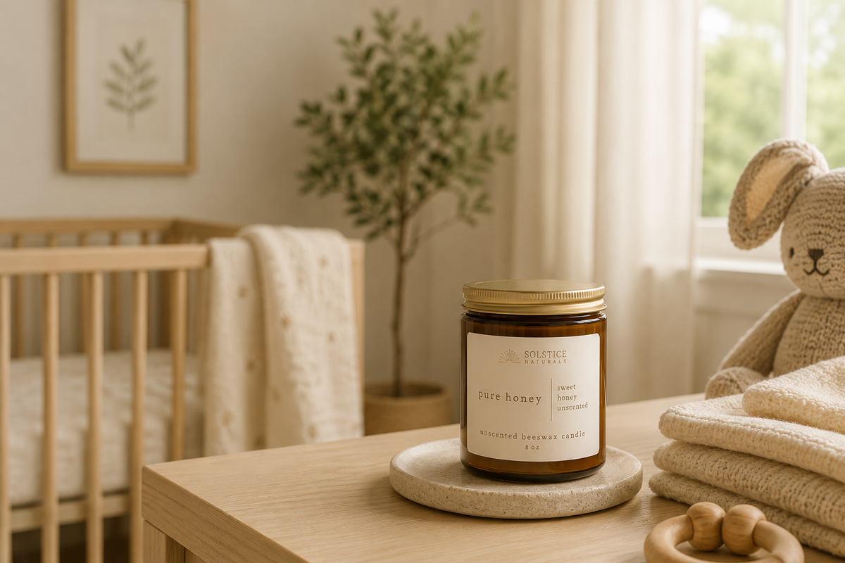 Solstice Naturals Pure Honey unscented beeswax candle in a calm nursery setting with soft natural light