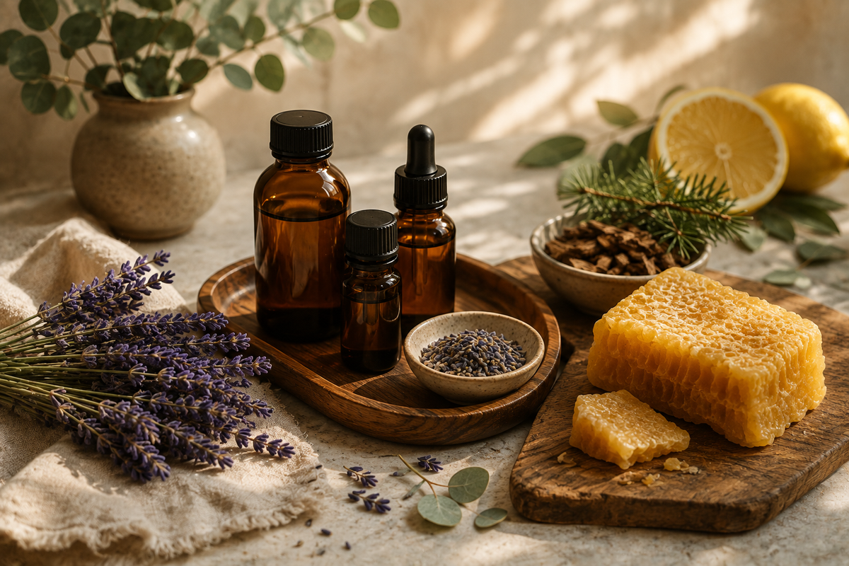 Essential oil bottles, raw beeswax and botanicals in warm editorial light