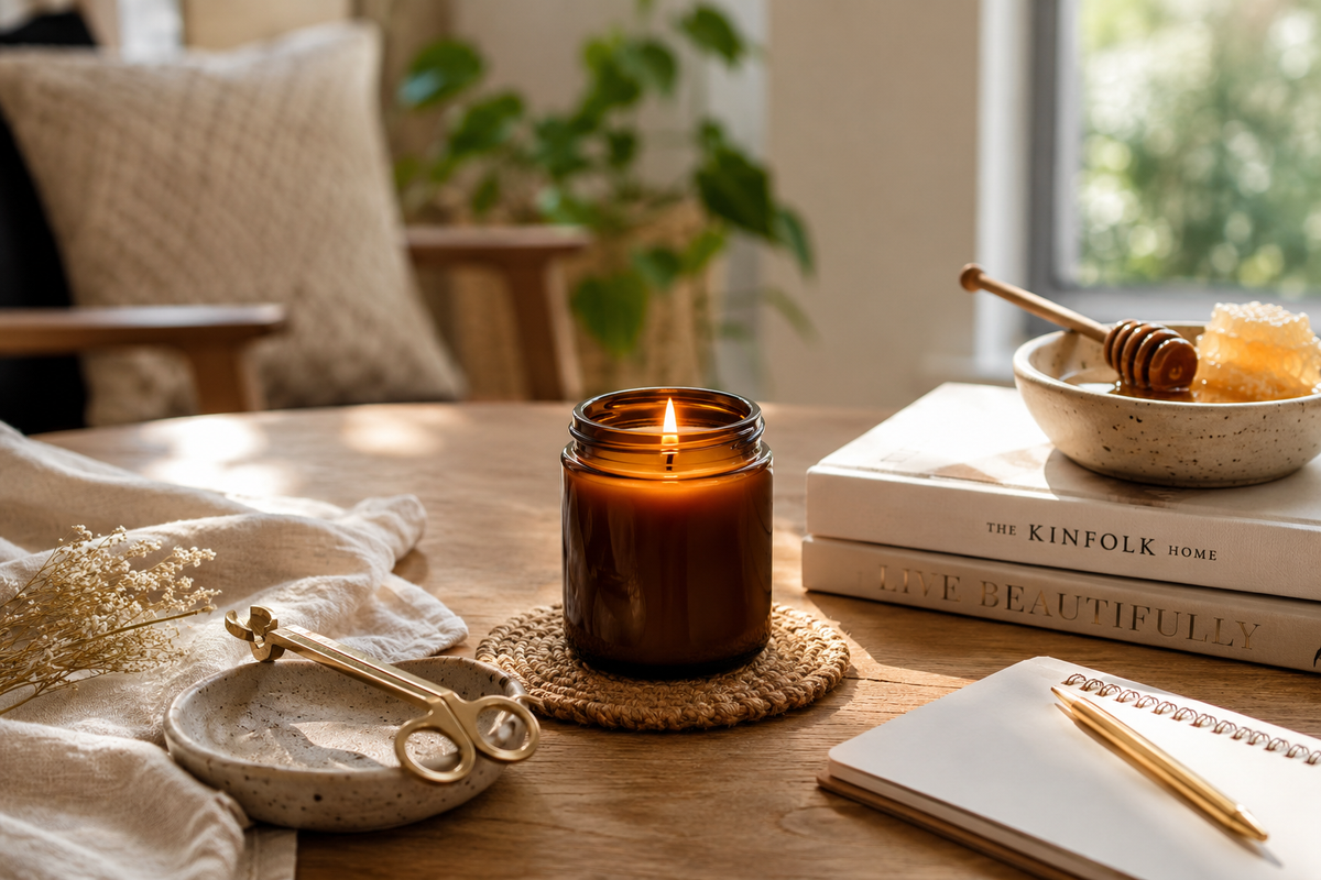 Lit amber beeswax candle in warm natural light with candle care tools