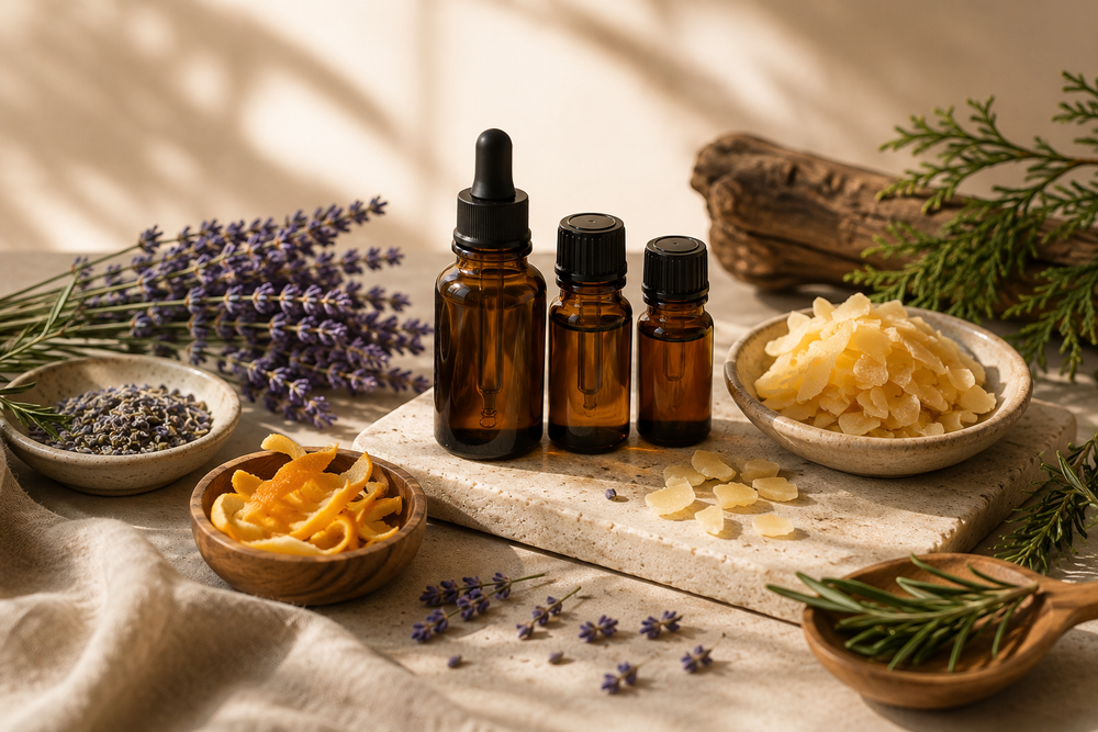 Essential oils, raw beeswax and botanicals in warm natural light