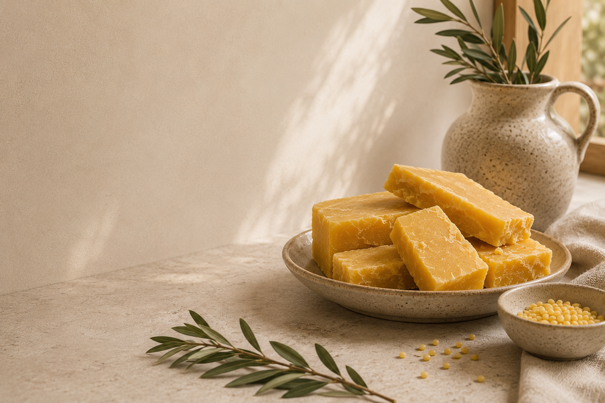 Raw golden beeswax blocks arranged in warm natural light