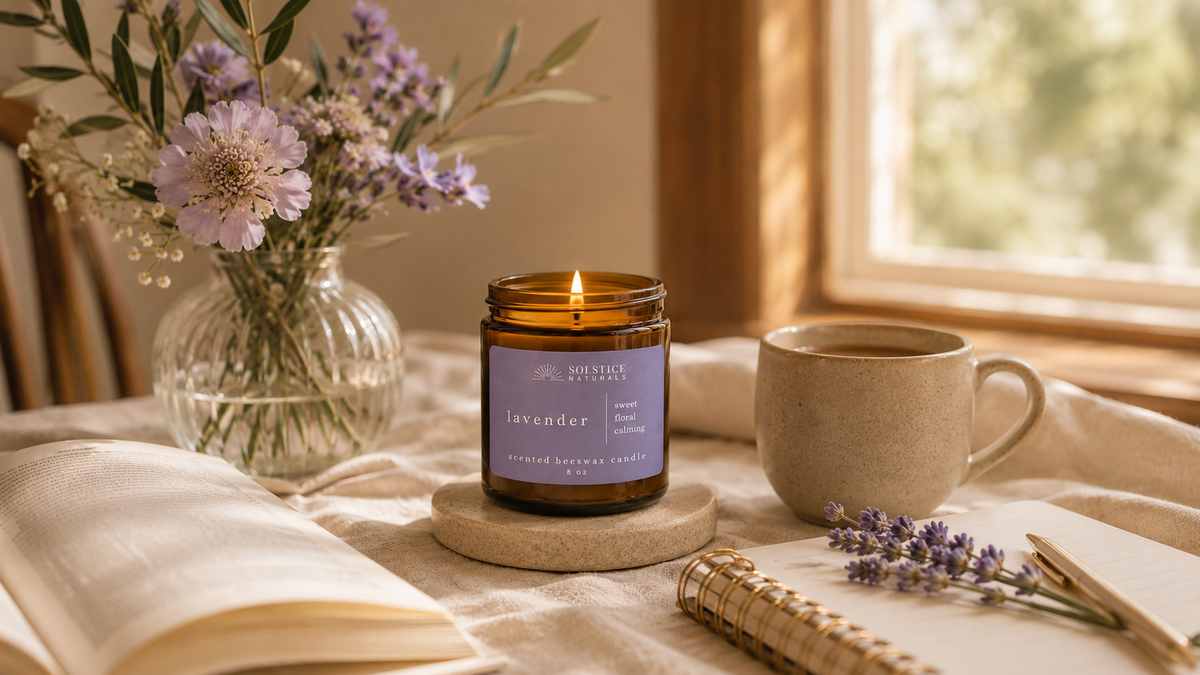 Solstice Naturals candle in a warm editorial home setting for the seasonal candle guide