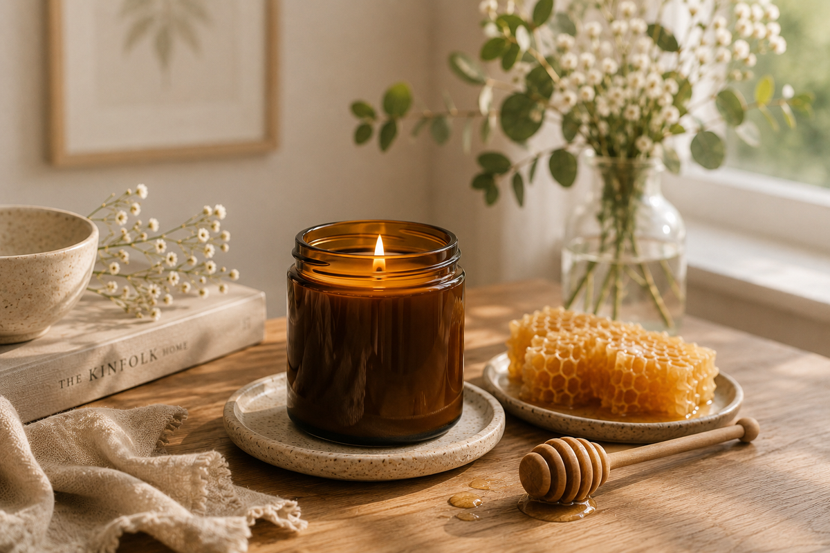 Beeswax candle with honeycomb in warm natural light