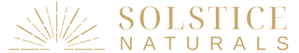 Solstice Naturals logo with sunburst design on a white background