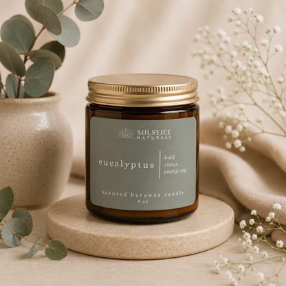 Solstice Naturals Eucalyptus Beeswax candle lifestyle mockup photo