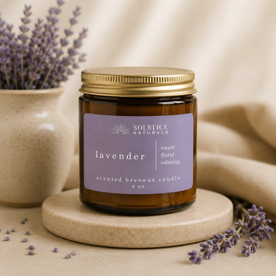 Solstice Naturals Lavender Beeswax candle lifestyle mockup photo