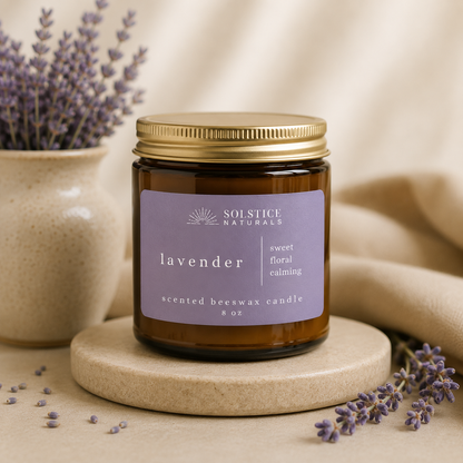 Solstice Naturals Lavender Beeswax candle lifestyle mockup photo