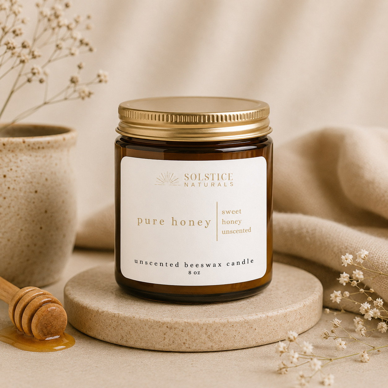 Solstice Naturals Pure Honey Unscented beeswax candle mockup and lifestyle image