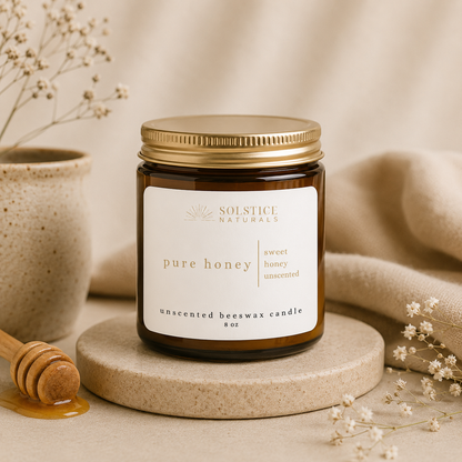 Solstice Naturals Pure Honey Unscented beeswax candle mockup and lifestyle image