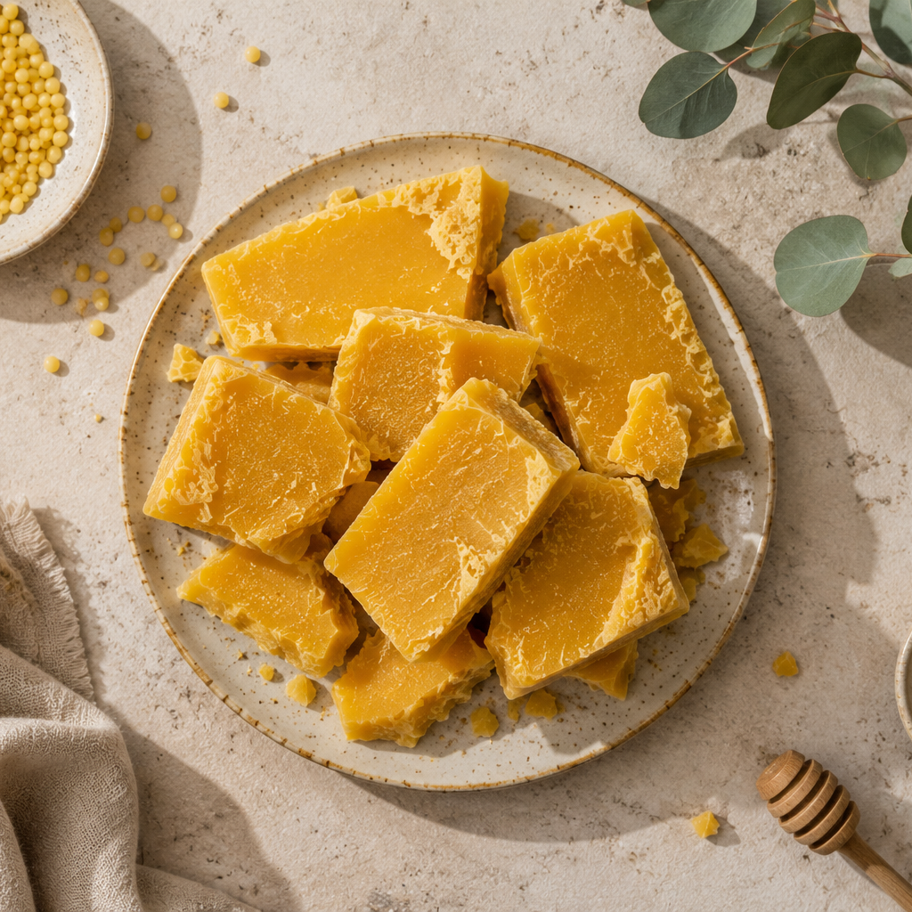 A styled overhead flat-lay of golden yellow beeswax blocks on a ceramic plate, surrounded by eucalyptus leaves, a small bowl of honey, a honey dipper, and a beige cloth on a light stone surface.