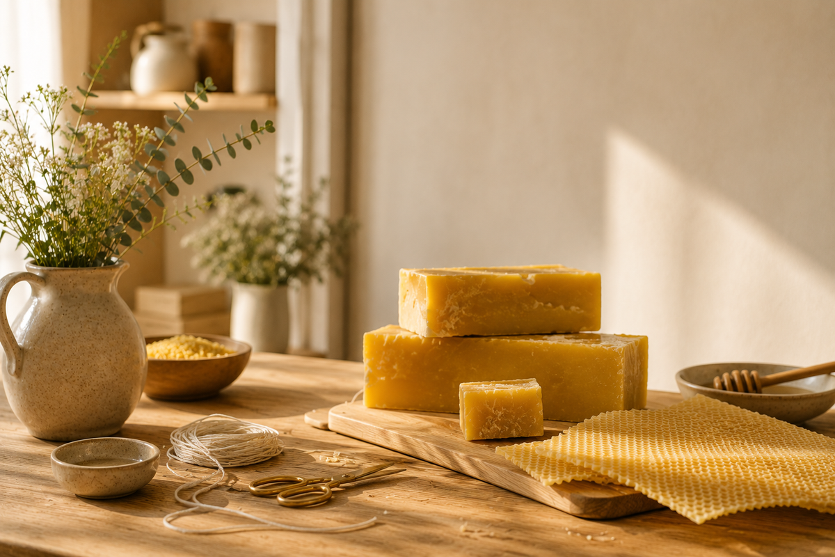 Raw beeswax blocks — the only wax used in Solstice Naturals handmade candles