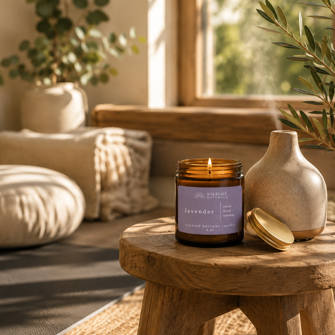 Solstice Naturals Lavender Beeswax Candle lit on wooden stool next to essential oil diffusor