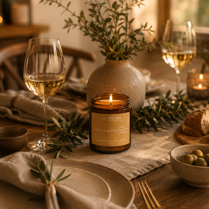 Solstice Naturals Citrus Grove Beeswax candle lit on fully set dinner table with wine glasses