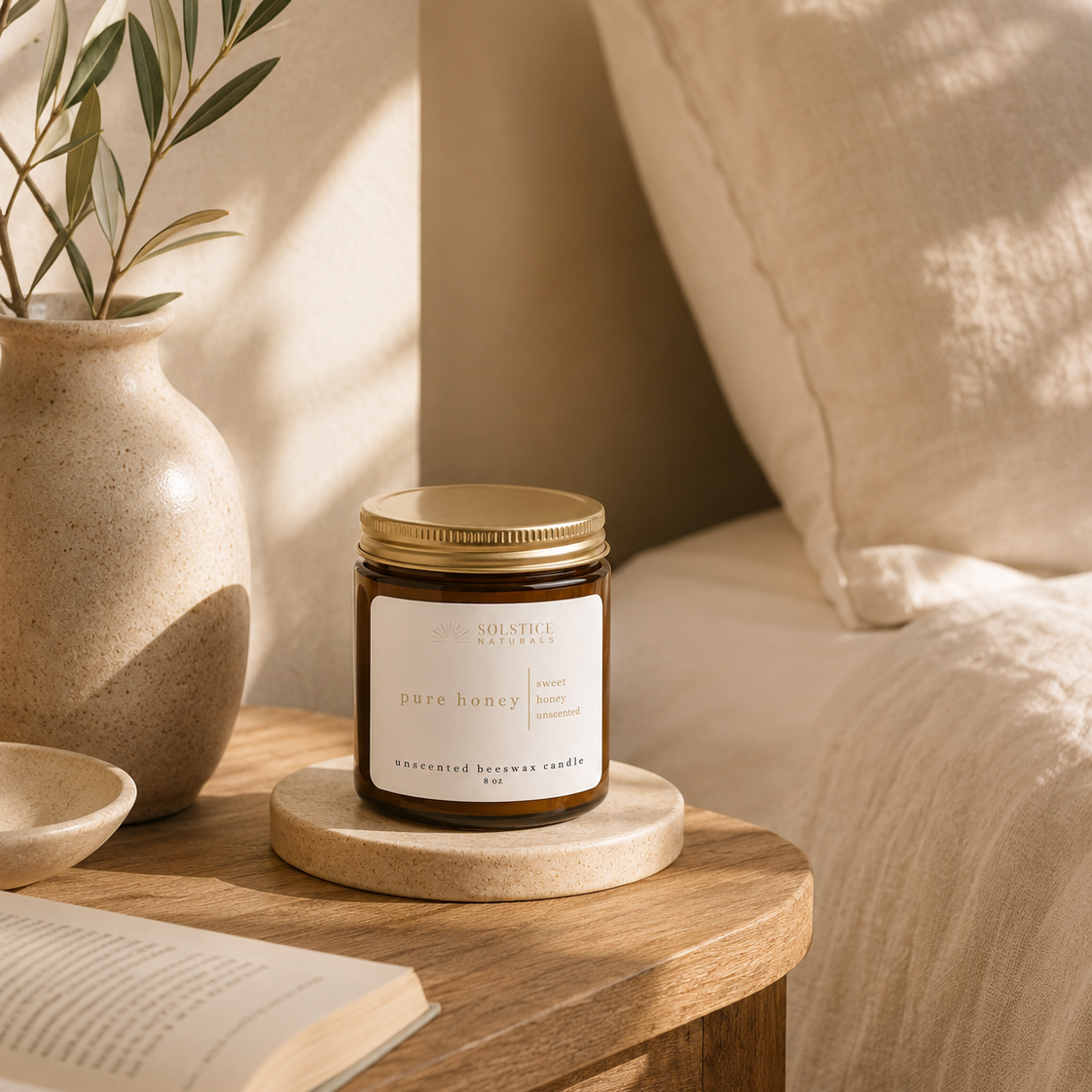 Solstice Natural Pure Honey Unscented Beeswax Candle on minimalist bedroom nightstand