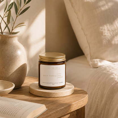 Solstice Natural Pure Honey Unscented Beeswax Candle on minimalist bedroom nightstand