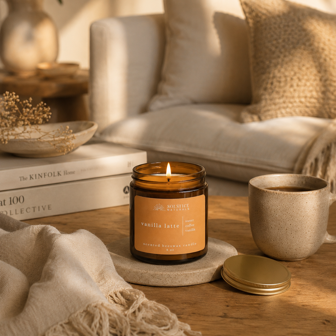 solstice naturals beeswax candle home lifestyle vanilla latte on coffee table next to coffee mug