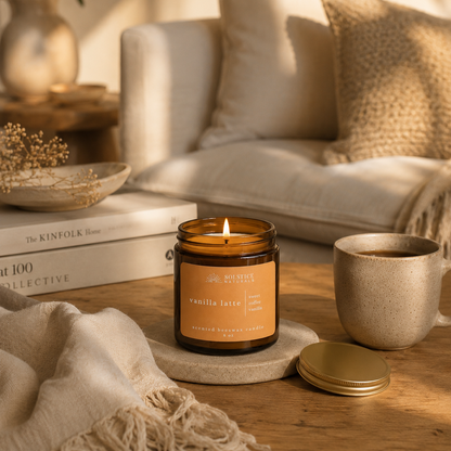 solstice naturals beeswax candle home lifestyle vanilla latte on coffee table next to coffee mug