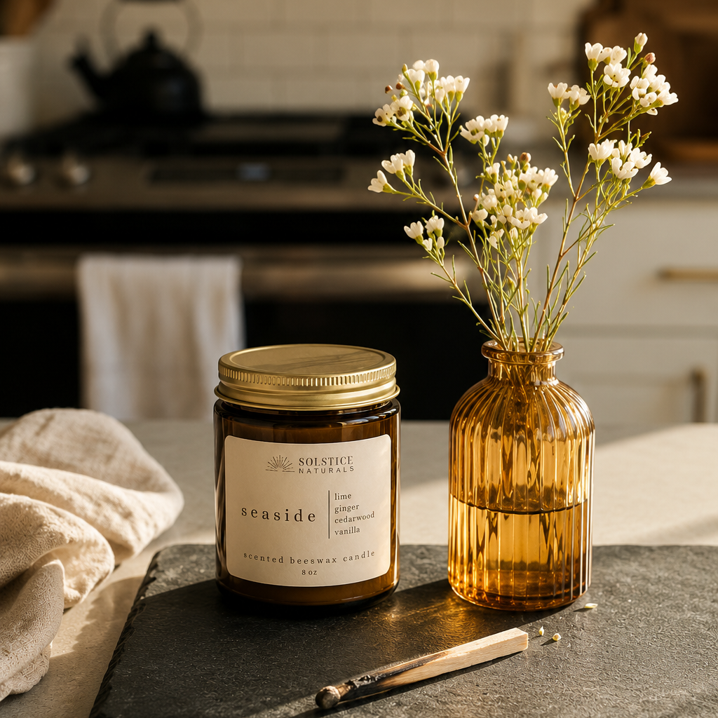 solstice naturals beeswax candles seaside lifestyle on kitchen counter next to vase